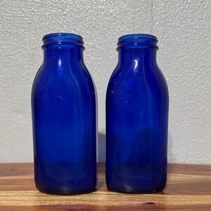Set of Two Vintage Unmarked Cobalt Blue Glass Milk Bottle 6" No Lid Farmhouse
